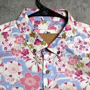 Oromen Shirt Mens Large Pink White Floral Button Down Collar Hawaiian Casual